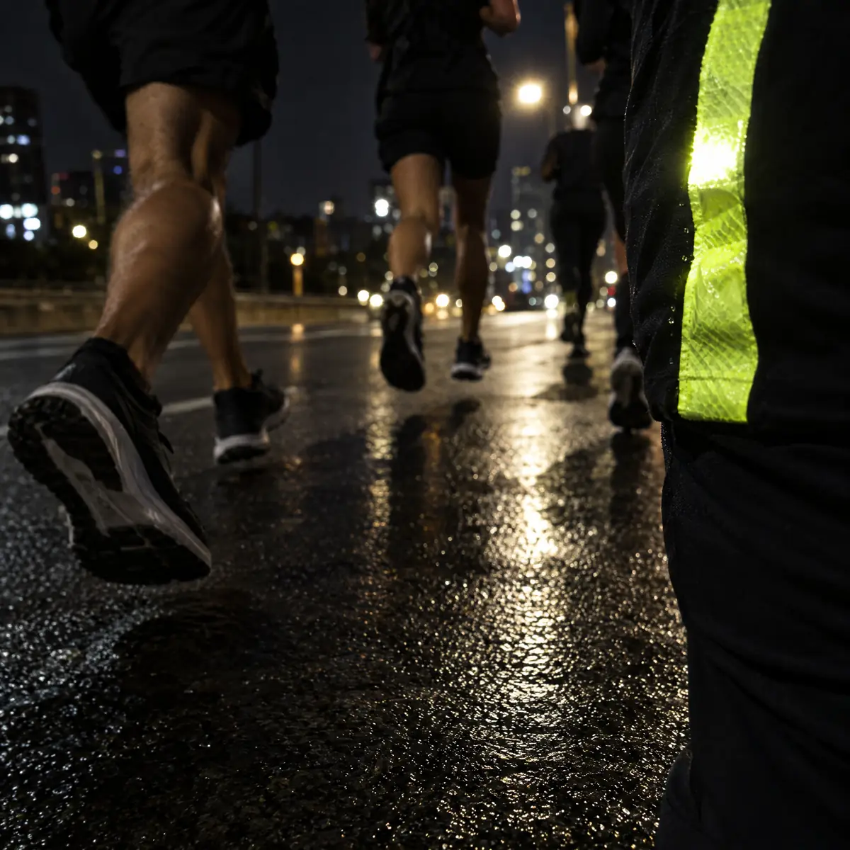 Corredores numa rua molhada à noite, um deles de colete refletivo. Arte do próprio app.